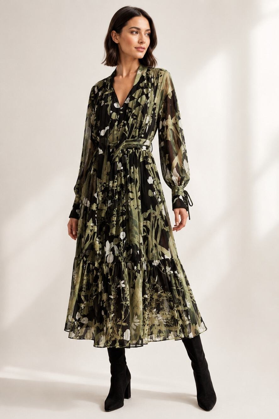 REISS Lottie Floral Tie Neck Dress in Green NWT